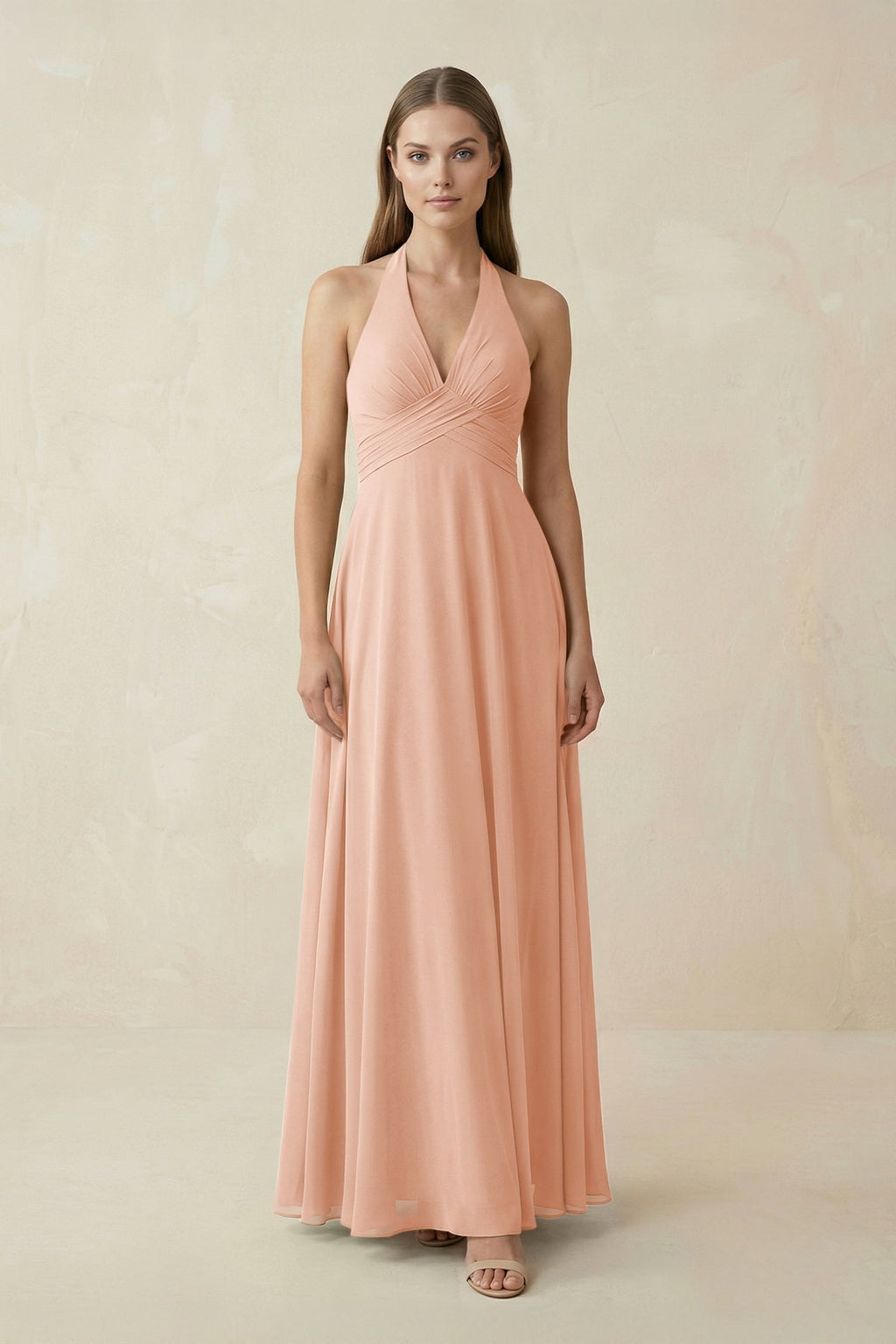 A-Line Pleated Chiffon V-Neck Bridesmaid Dress in English Rose