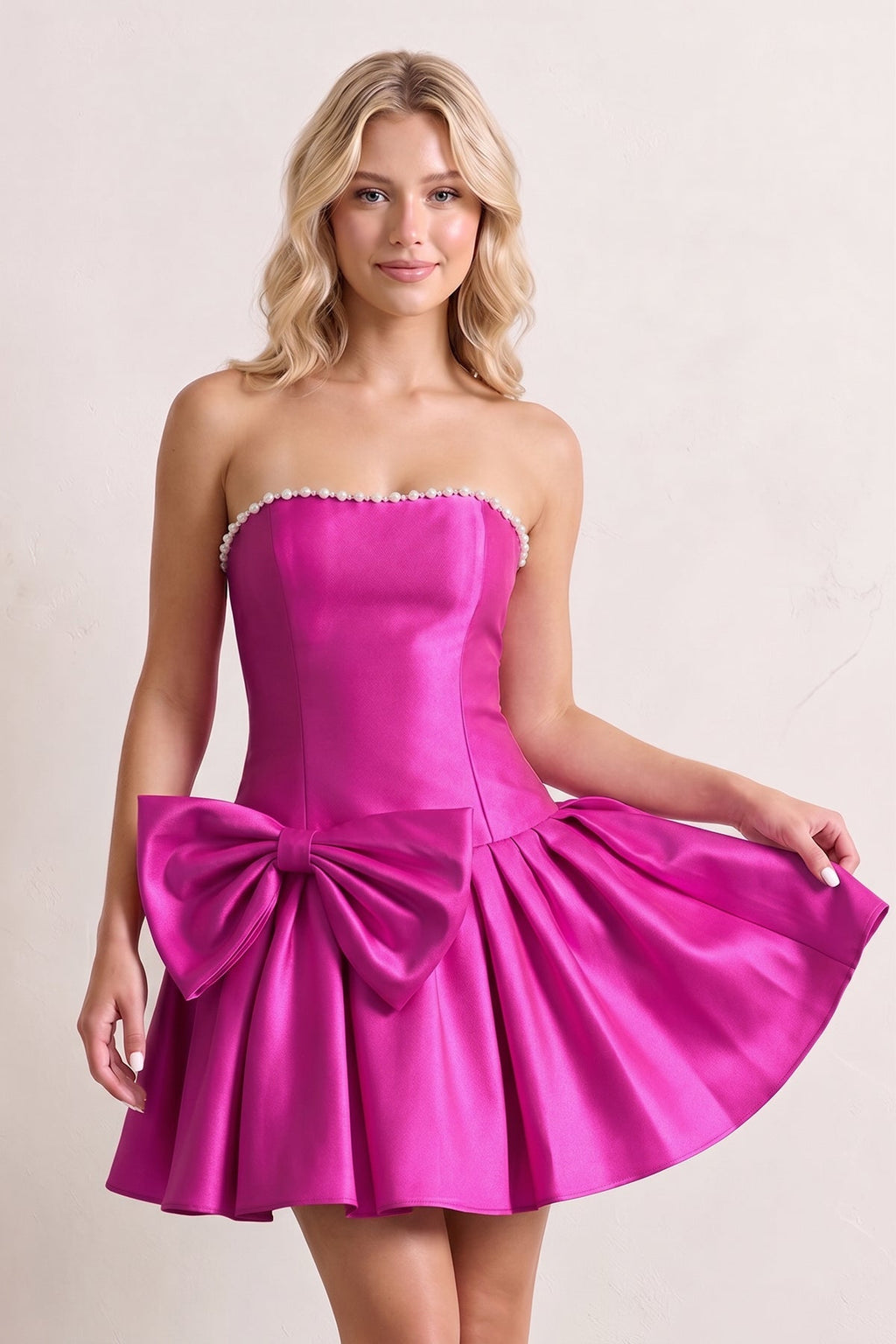 Aqua Strapless A-Line Satin Ruched Bow Homecoming Dress With Pearl