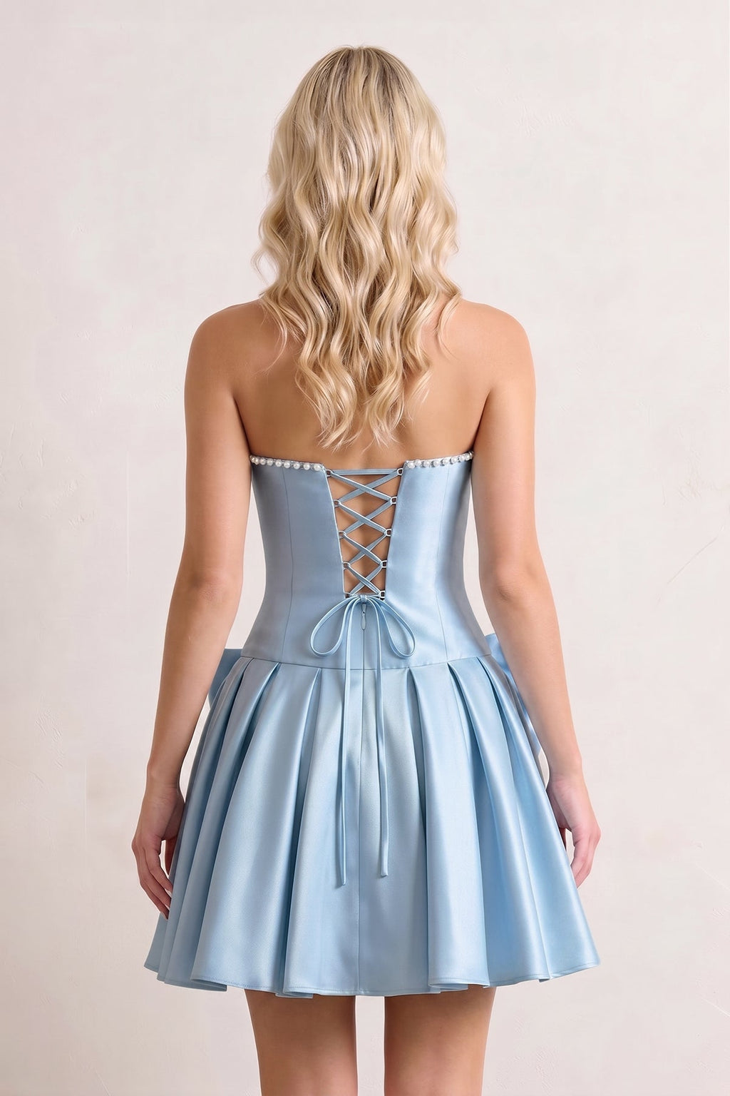 Aqua Strapless A-Line Satin Ruched Bow Homecoming Dress With Pearl