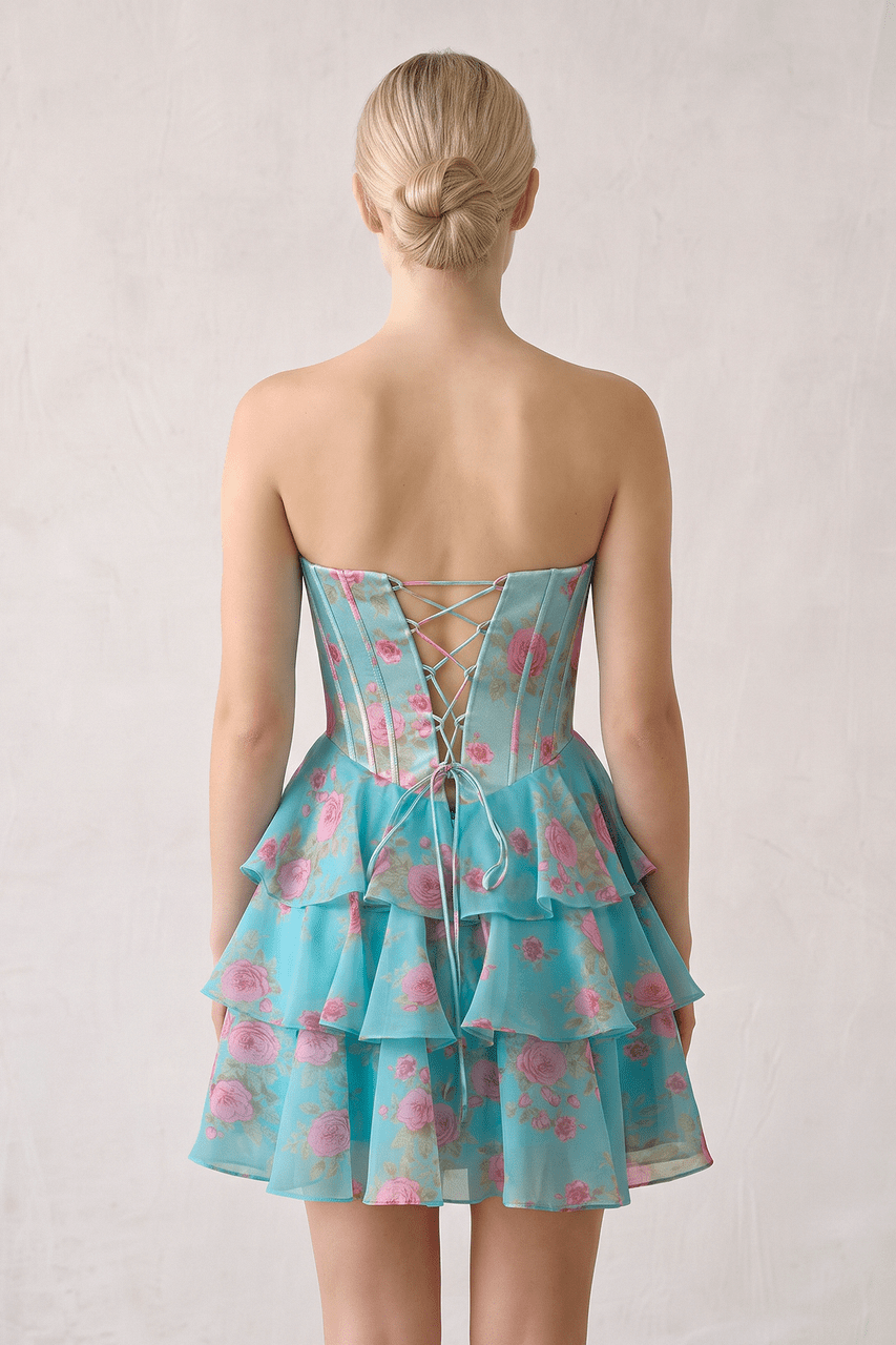 Pink Strapless A-Line Floral Corset Homecoming Dress