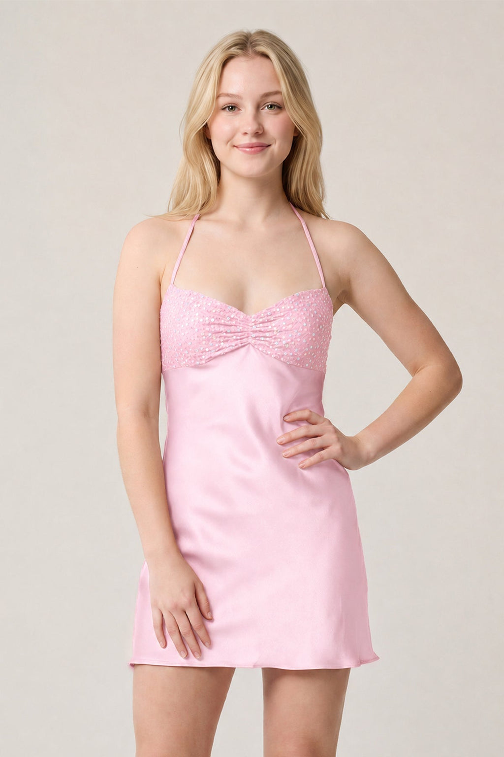 Burgundy Halter Satin Sheath Sequined Mini Homecoming Dress