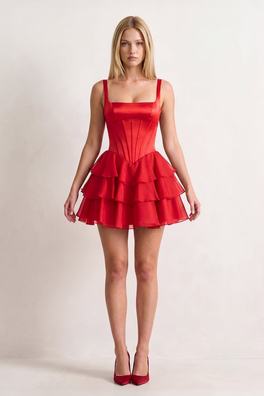 Burgundy Square Neck Satin Corset Ruffled A-Line Homecoming Dress