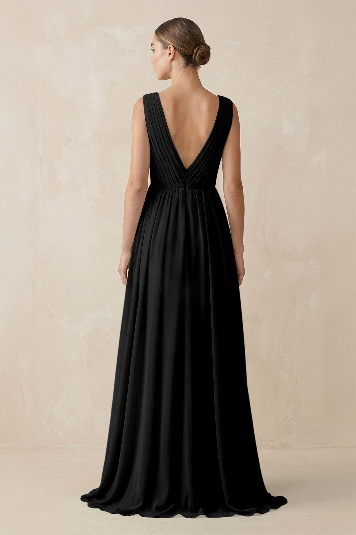 V-Neck Pleated A-Line Chiffon Bridesmaid Dress in Black
