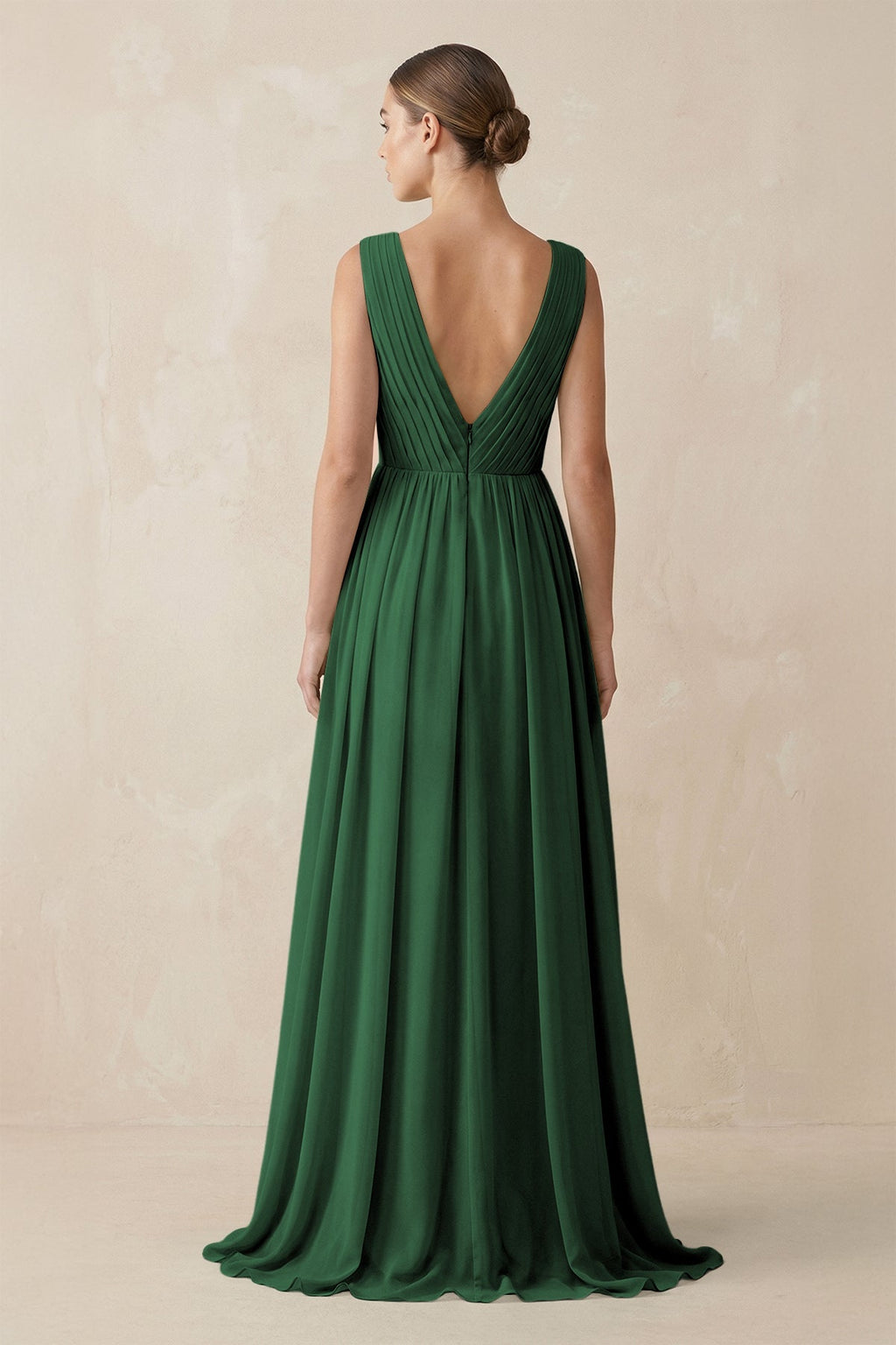 V-Neck Pleated A-Line Chiffon Bridesmaid Dress in Dark Green