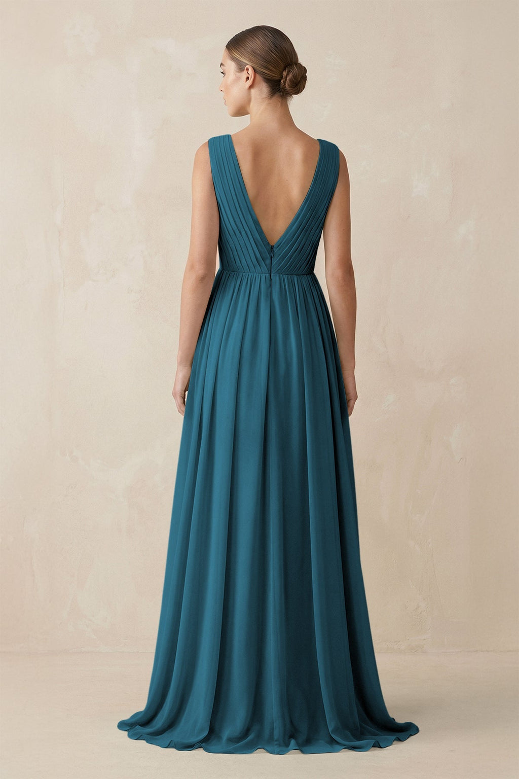 V-Neck Pleated A-Line Chiffon Bridesmaid Dress in Dark Teal