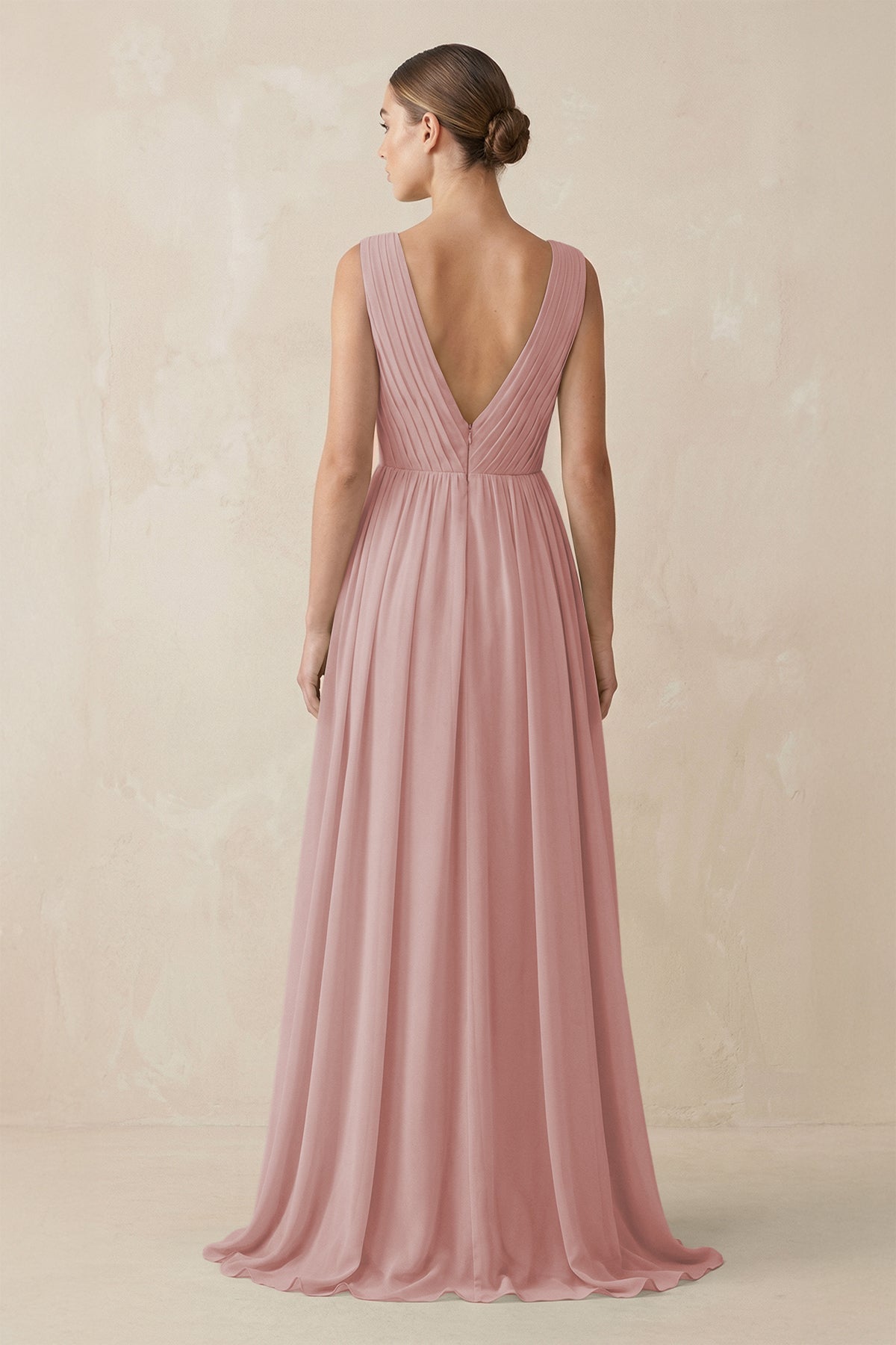 V-Neck Pleated A-Line Chiffon Bridesmaid Dress in Dusty Rose