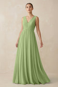 V-Neck Pleated A-Line Chiffon Bridesmaid Dress in Matcha