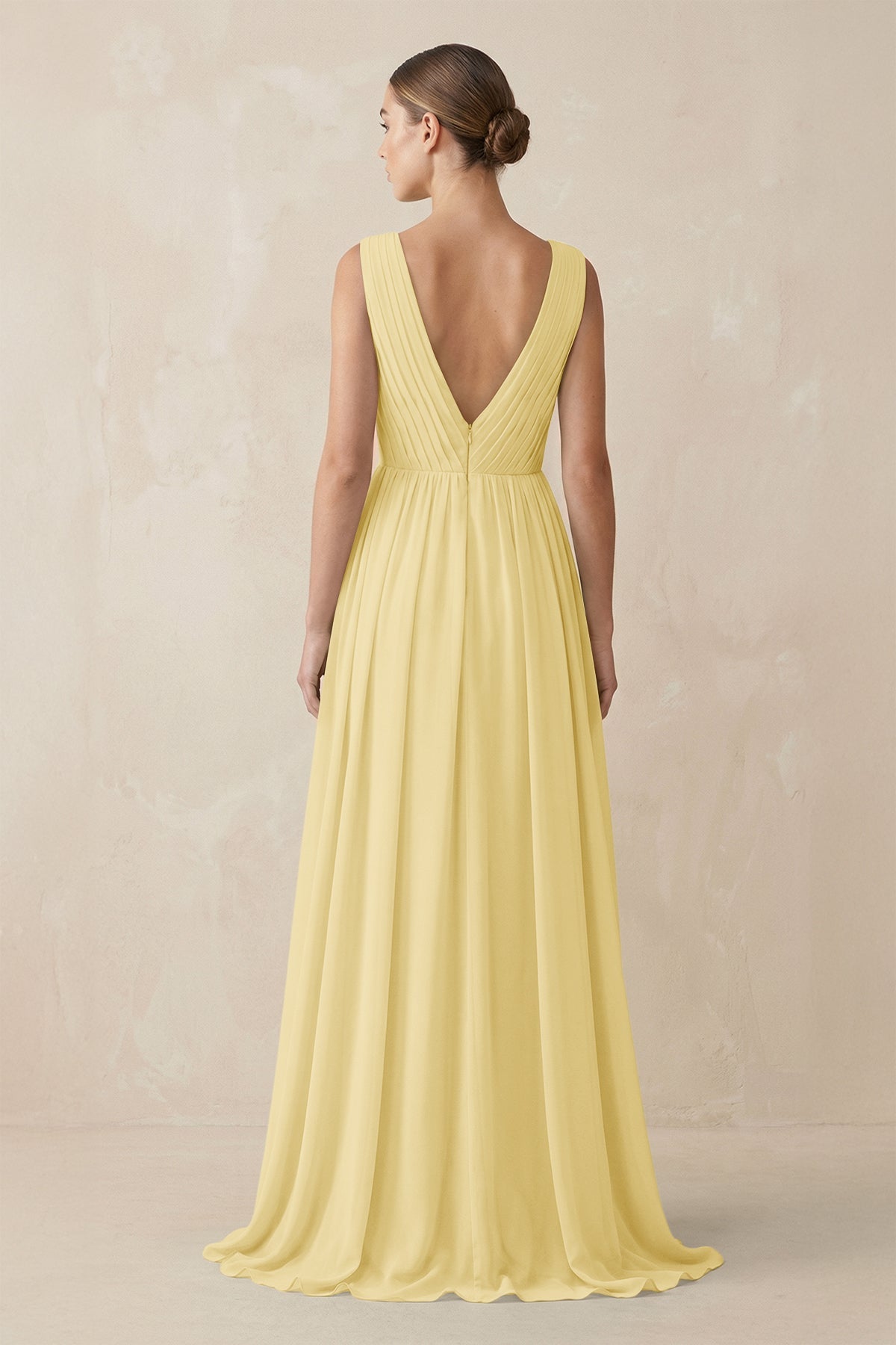 V-Neck Pleated A-Line Chiffon Bridesmaid Dress in Pastel Yellow