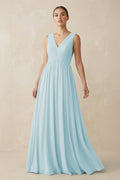 V-Neck Pleated A-Line Chiffon Bridesmaid Dress in Sky Blue