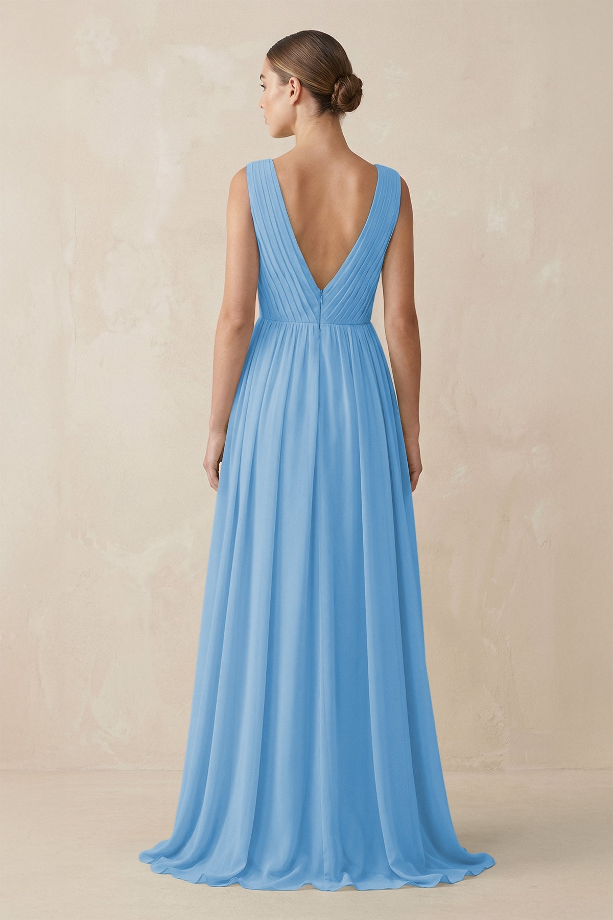 V-Neck Pleated A-Line Chiffon Bridesmaid Dress in Steel Blue
