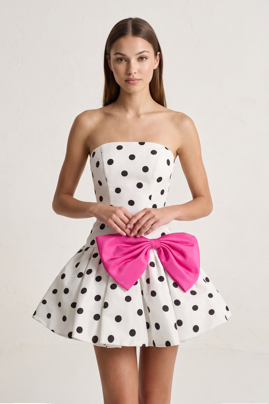 Fuchsia Bowknot A-Line Strapless Polka Dots Satin Homecoming Dress