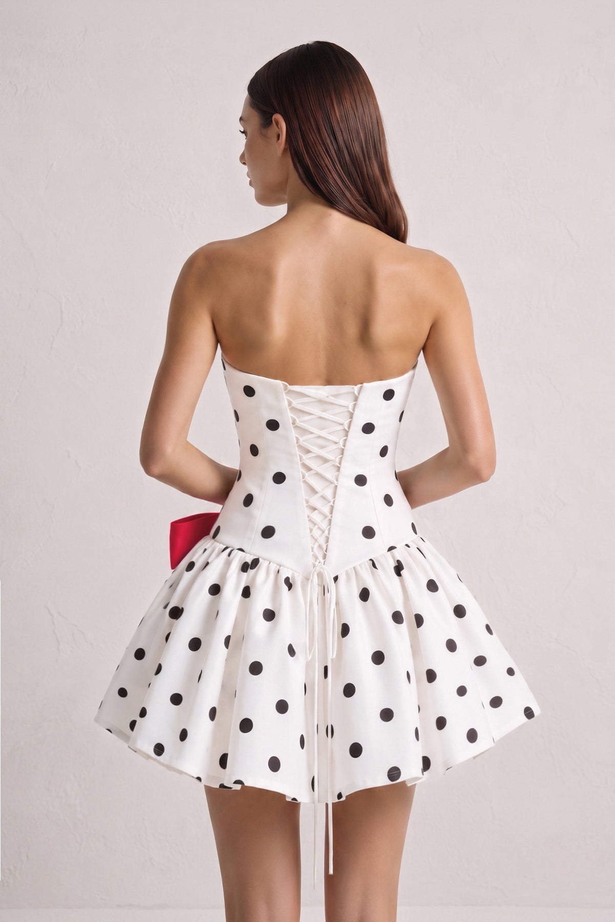 Fuchsia Bowknot A-Line Strapless Polka Dots Satin Homecoming Dress