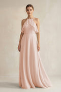 Halter Neck A-Line Chiffon Bridesmaid Dress with Keyhole in Pale Blush