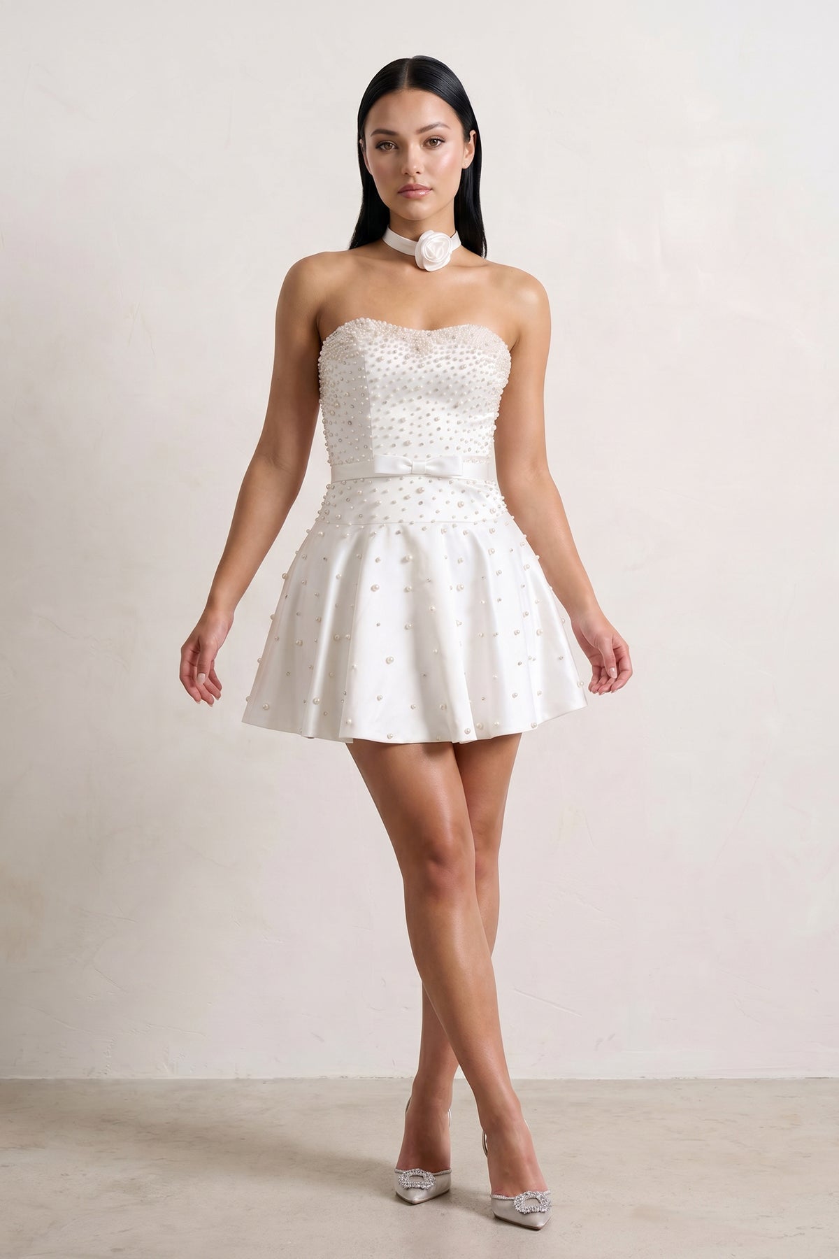 Hot Pink Strapless Pearl A-Line Satin Homecoming Dress With Bowknot