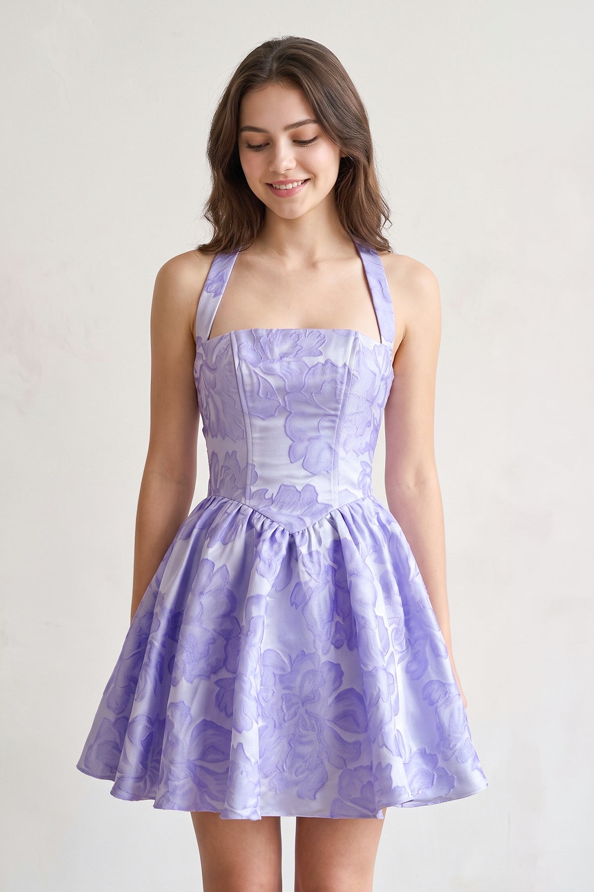 Yellow Halter Jacquard Ruched A-Line Homecoming Dress
