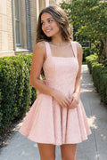 Sparkly Pink Square Neck A-Line Sequin Ruched Homecoming Dress with Bow