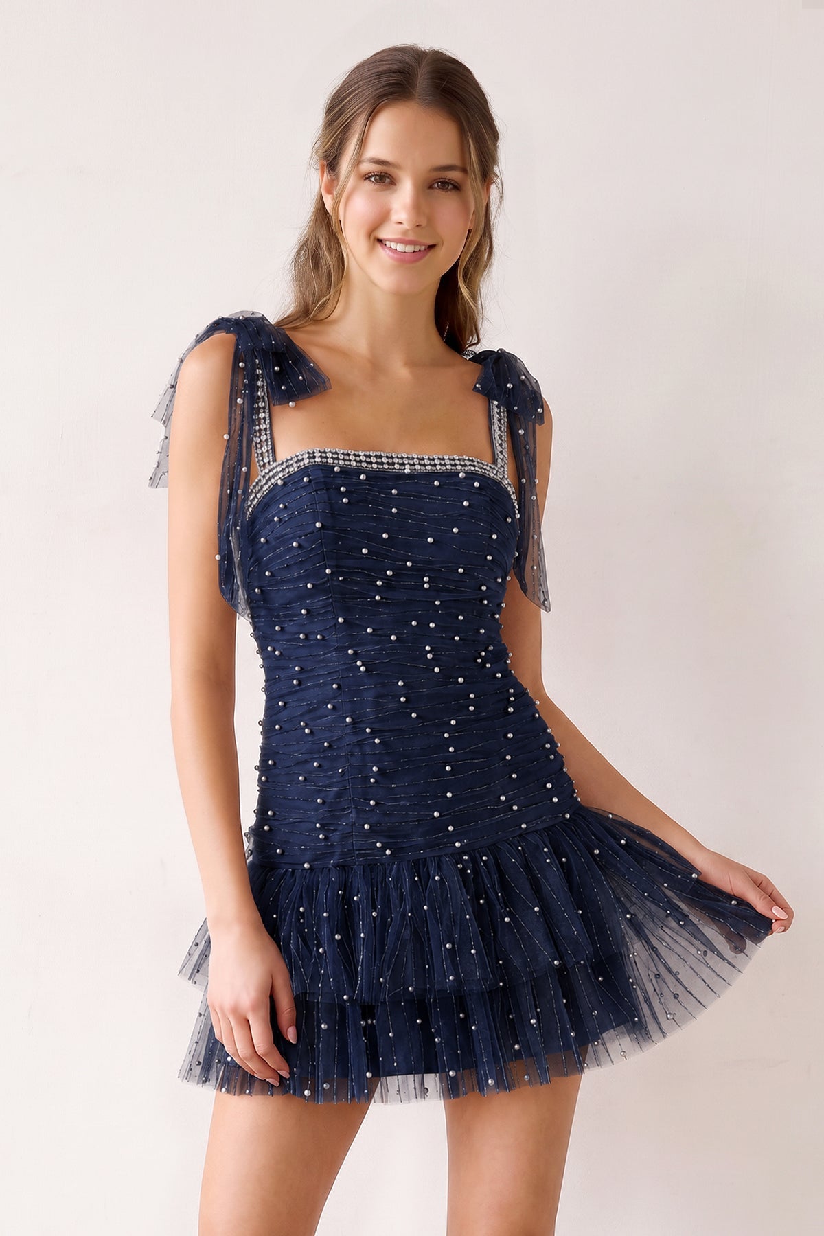 Pink Square Neck A-Line Ruffled Tulle Homecoming Dress with Pearl