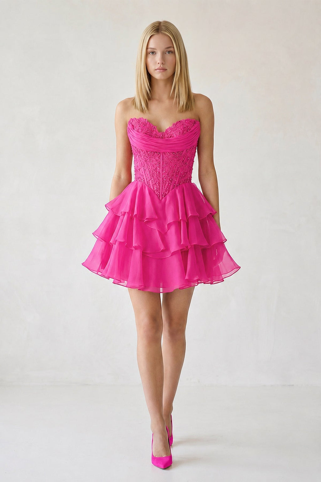 Red Ruffled A-Line Chiffon Sweetheart Corset Homecoming Dress With Beading