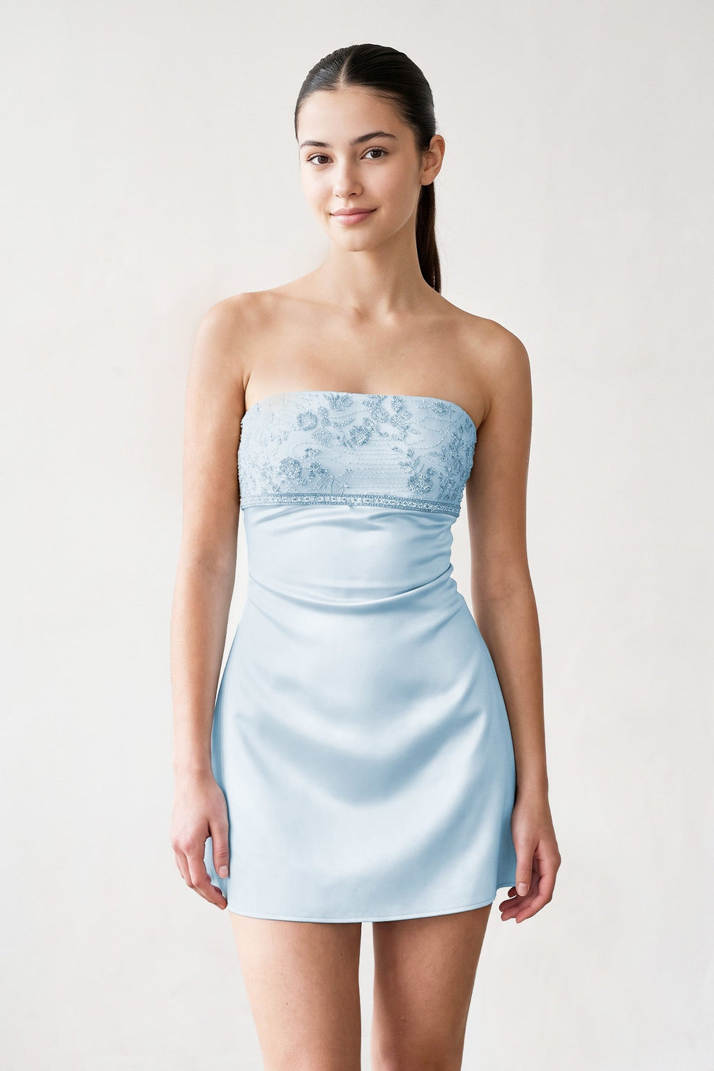 Aqua Strapless Appliqued Satin Sheath Homecoming Dress