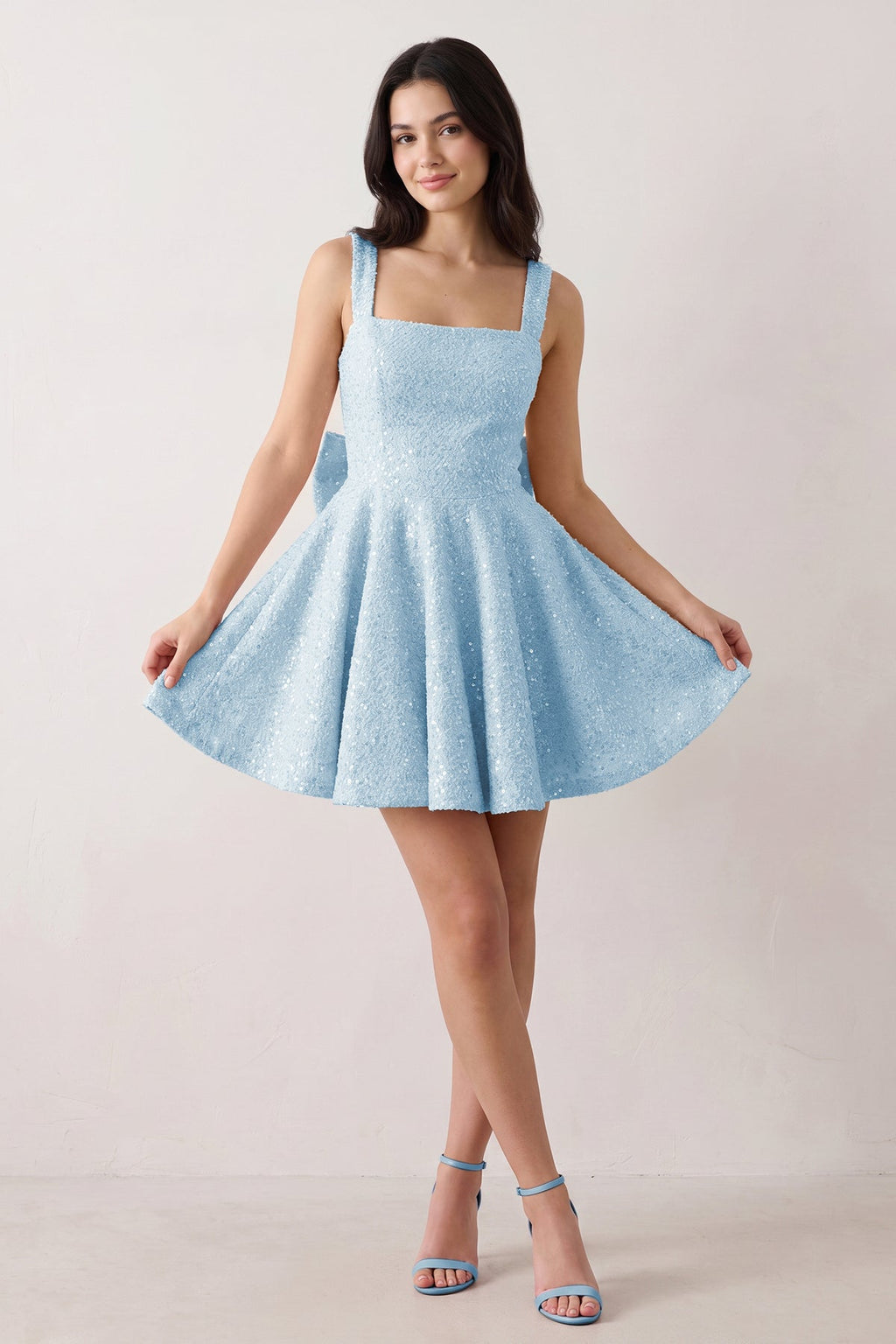 Sparkly Pink Square Neck A-Line Sequin Ruched Homecoming Dress with Bow