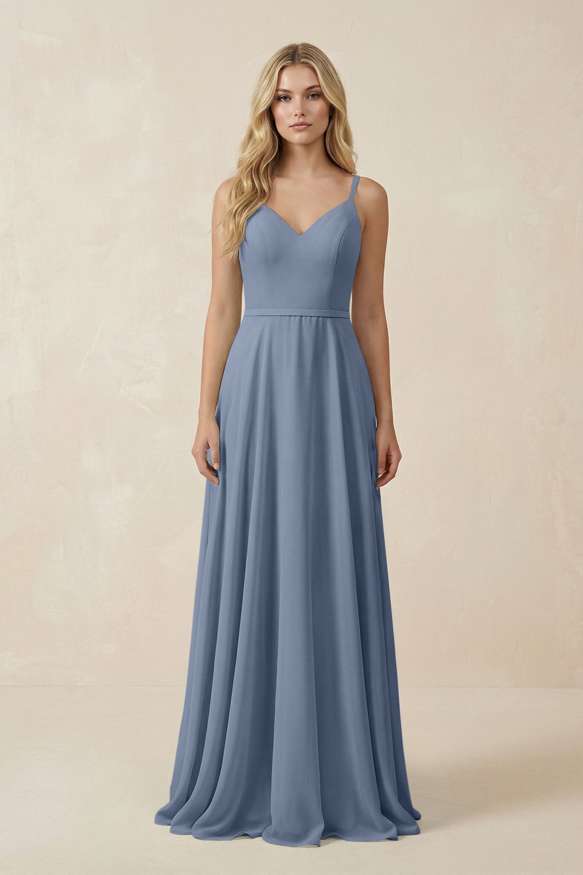 V-Neck A-Line Chiffon Bridesmaid Dress with Crisscross Back in Neptune