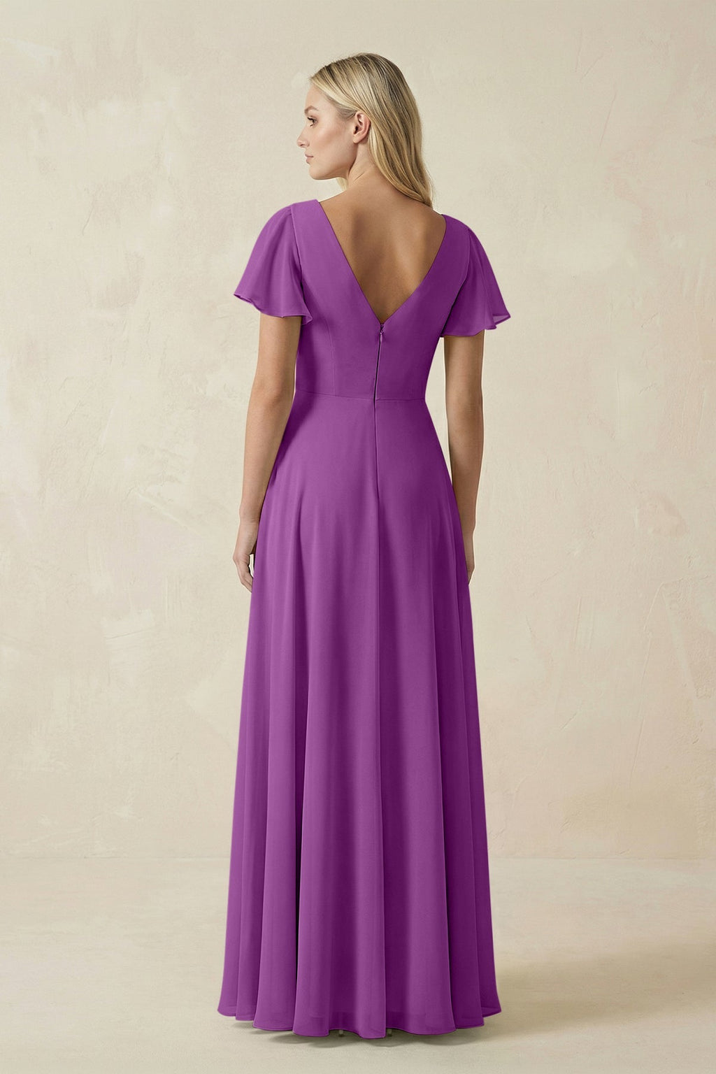 V-Neck Flutter Sleeve A-Line Chiffon Bridesmaid Dress in Amethyst