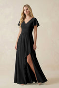 V-Neck Flutter Sleeve A-Line Chiffon Bridesmaid Dress in Black
