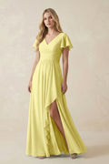 V-Neck Flutter Sleeve A-Line Chiffon Bridesmaid Dress in Buttercup
