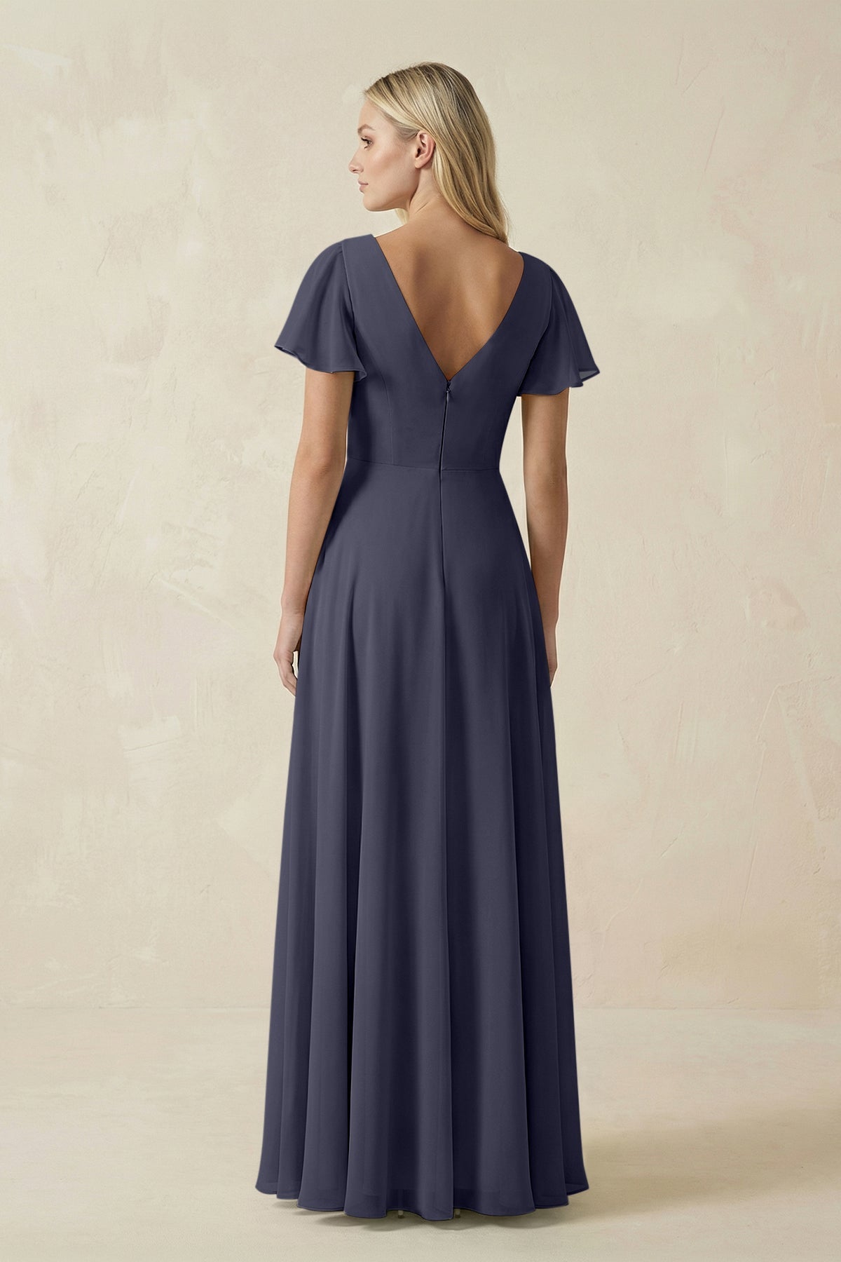 V-Neck Flutter Sleeve A-Line Chiffon Bridesmaid Dress in Dusk Blue