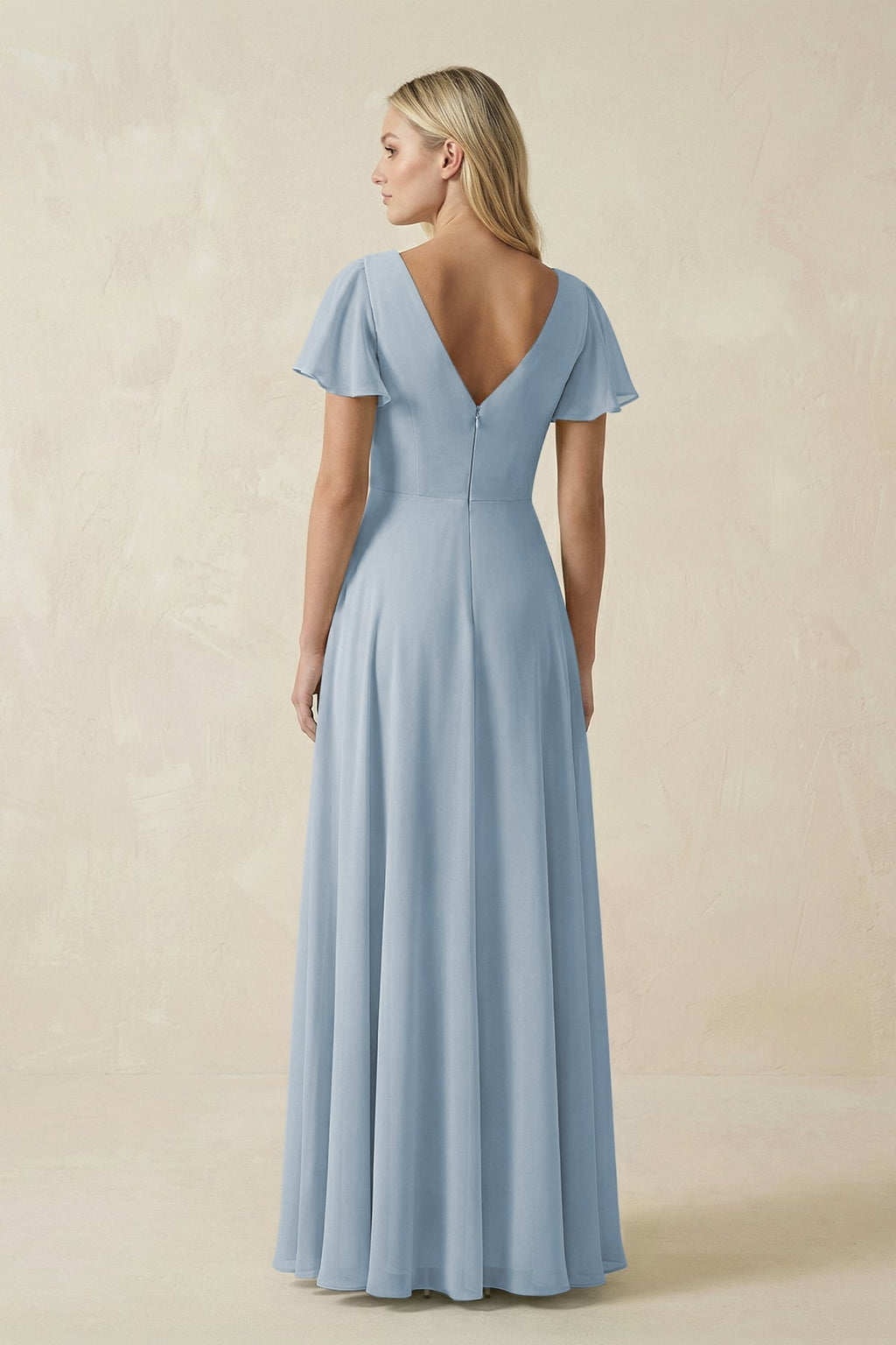 V-Neck Flutter Sleeve A-Line Chiffon Bridesmaid Dress in Dusty Blue