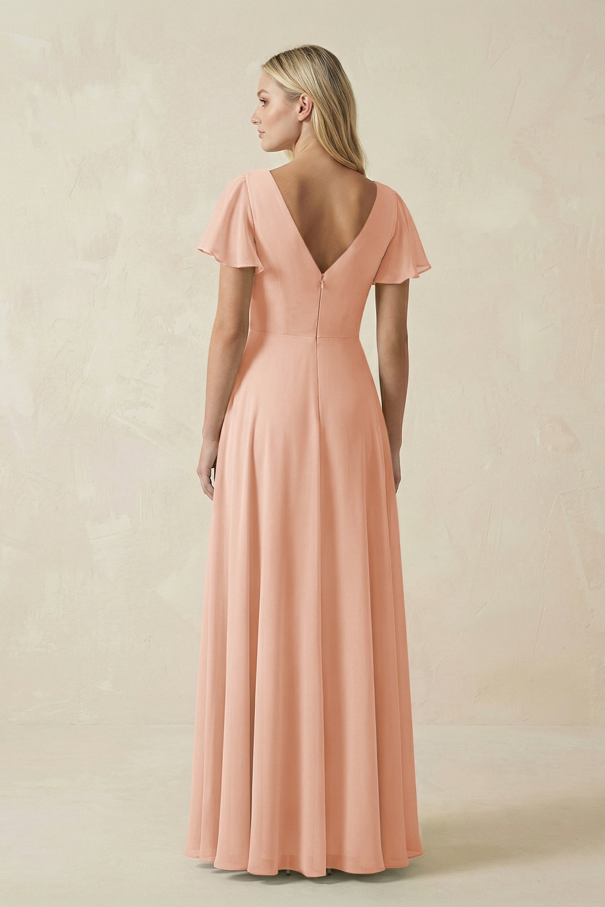 V-Neck Flutter Sleeve A-Line Chiffon Bridesmaid Dress in English Rose