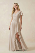 V-Neck Flutter Sleeve A-Line Chiffon Bridesmaid Dress in Frost