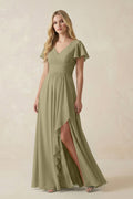 V-Neck Flutter Sleeve A-Line Chiffon Bridesmaid Dress in Thyme