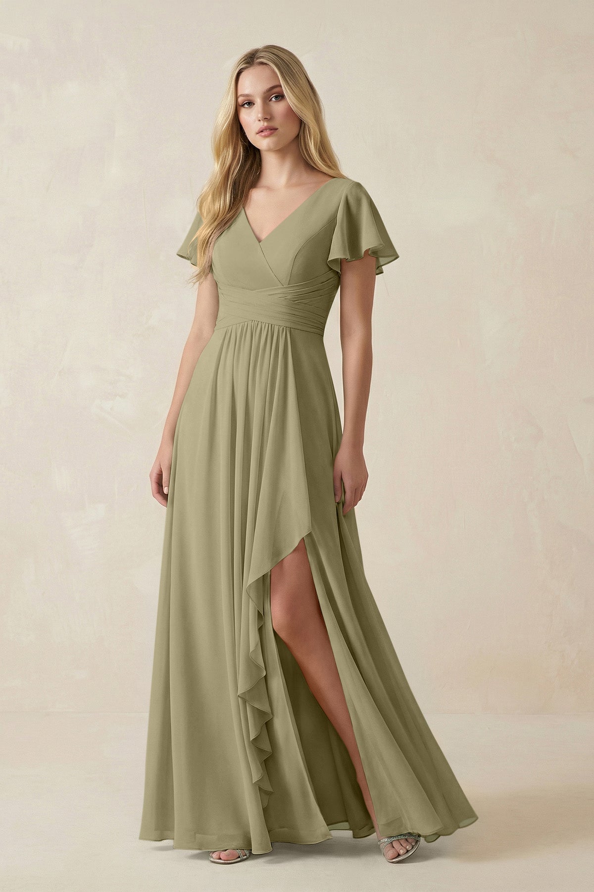 V-Neck Flutter Sleeve A-Line Chiffon Bridesmaid Dress in Thyme