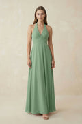 V-Neck Pleated A-Line Chiffon Bridesmaid Dress in Sea Glass