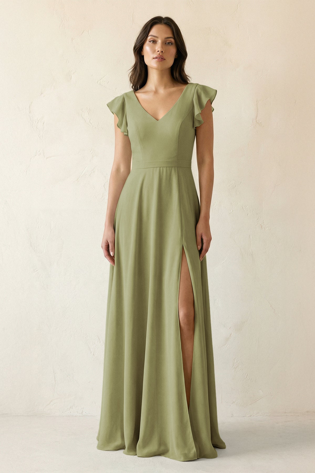 V-Neck Ruffled A-Line Chiffon Bridesmaid Dress in Moss Green