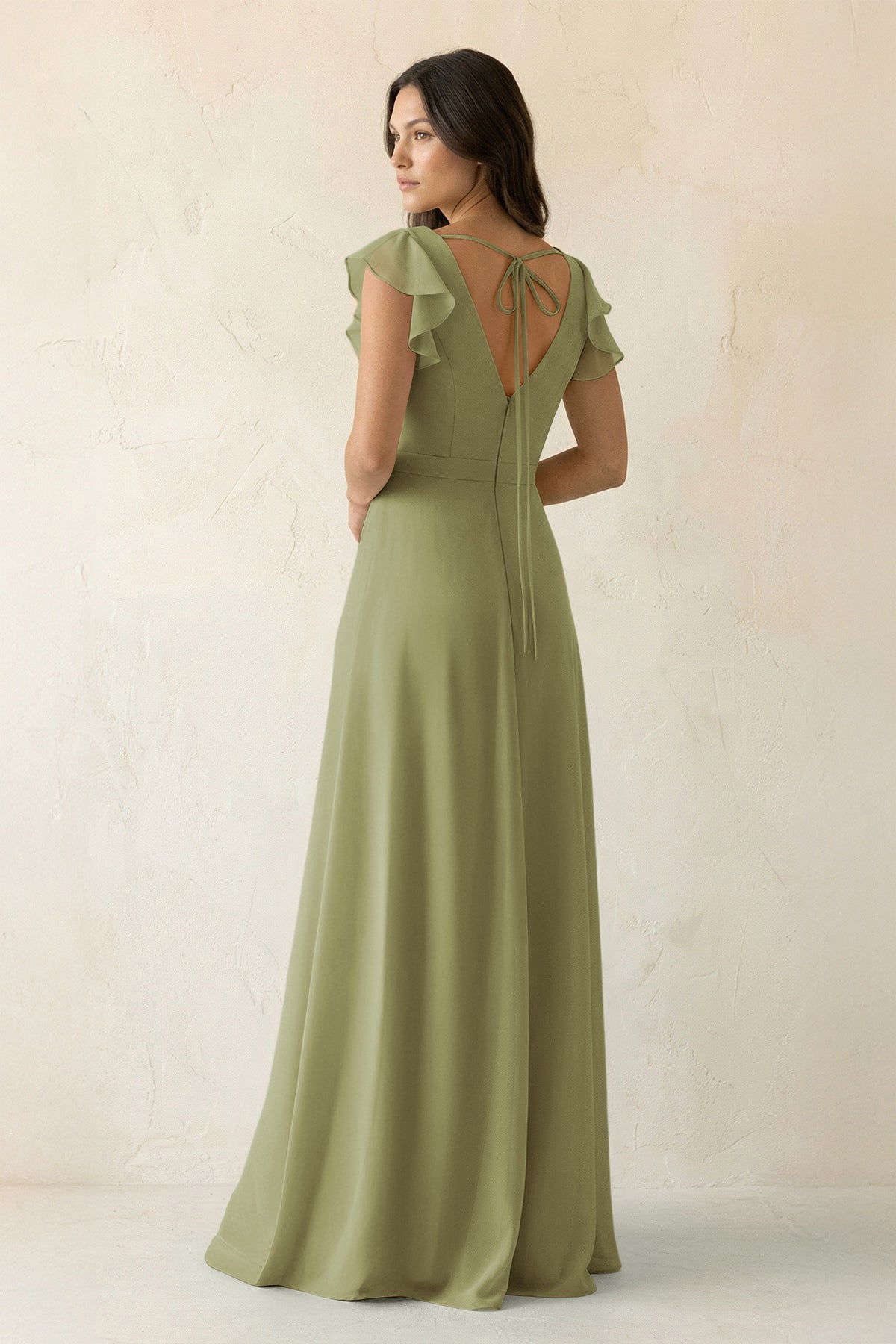 V-Neck Ruffled A-Line Chiffon Bridesmaid Dress in Moss Green