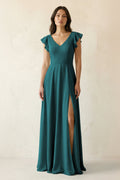 V-Neck Ruffled A-Line Chiffon Bridesmaid Dress in Pine