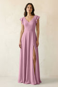 V-Neck Ruffled A-Line Chiffon Bridesmaid Dress in Vintage Mauve