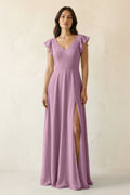 V-Neck Ruffled A-Line Chiffon Bridesmaid Dress in Wisteria