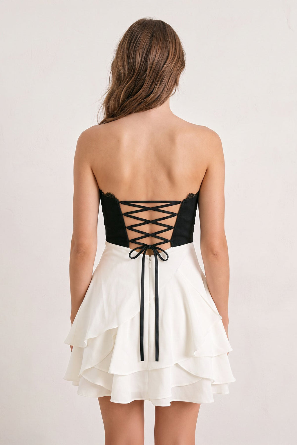 White Black Sweetheart A-Line Ruffled Chiffon Homecoming Dress with Bow