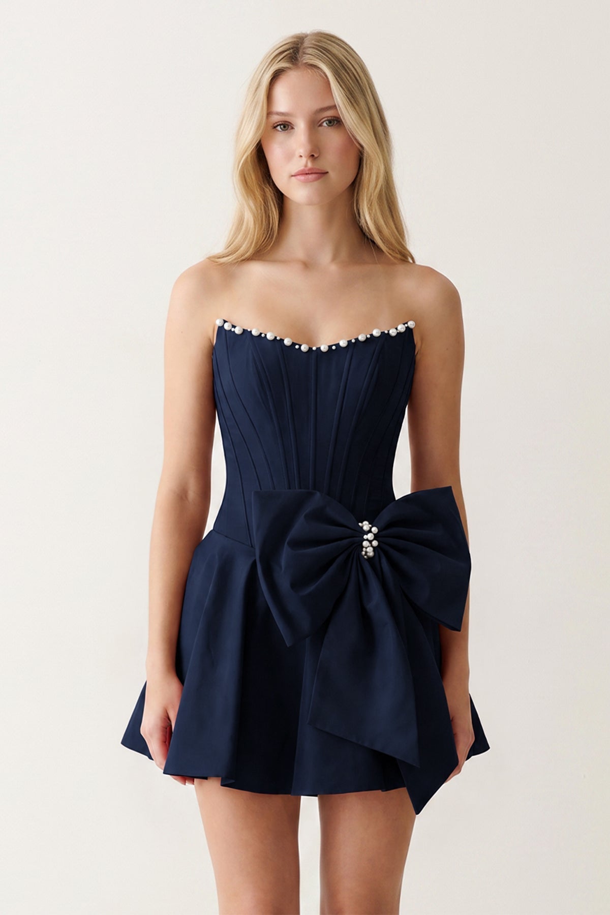 Yellow Satin Strapless A-Line Corset Pearl Homecoming Dress With Bowknot